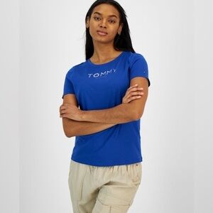 TOMMY HILFIGER WOMEN'S CREW NECK RHINESTONE EMBELLISHED T-SHIRT BLUE